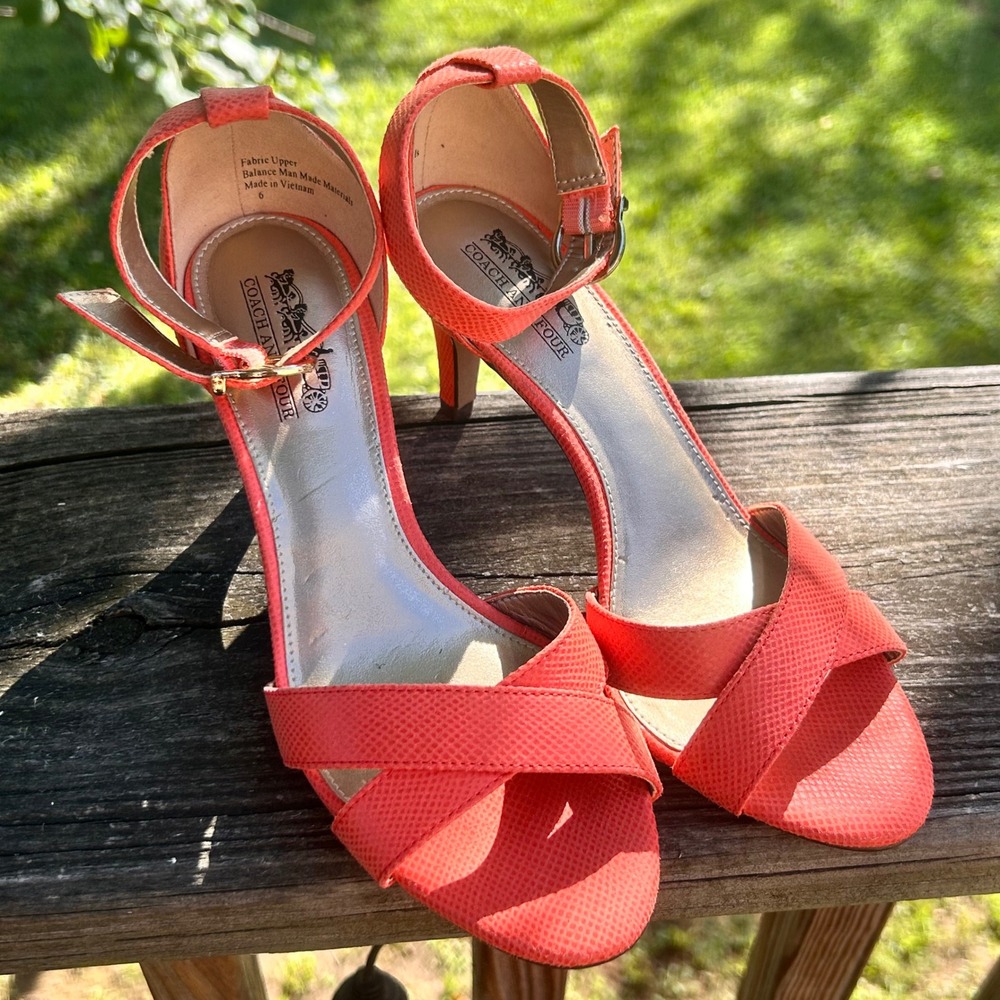 Coach and Four Heels Vintage Ankle Strap 6 Coral Orange Retro Summer Chic Kitten